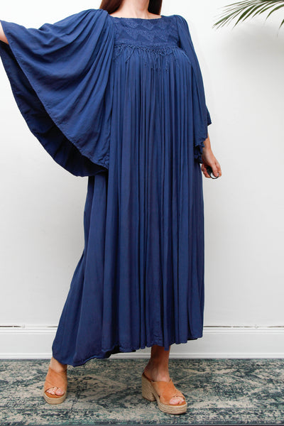 Rare Vintage Indian Kaftan Dress, Deep Blue Embroidered Bohemian Maxi