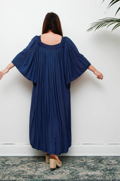 Rare Vintage Indian Kaftan Dress, Deep Blue Embroidered Bohemian Maxi