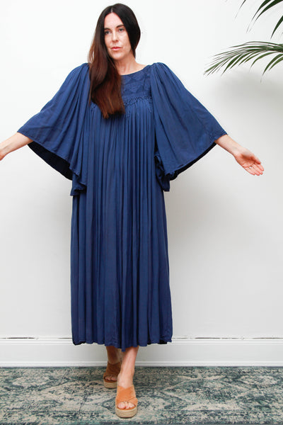 Rare Vintage Indian Kaftan Dress, Deep Blue Embroidered Bohemian Maxi