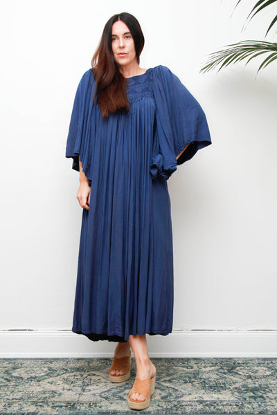 Rare Vintage Indian Kaftan Dress, Deep Blue Embroidered Bohemian Maxi