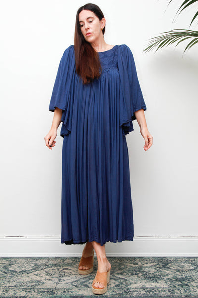 Rare Vintage Indian Kaftan Dress, Deep Blue Embroidered Bohemian Maxi