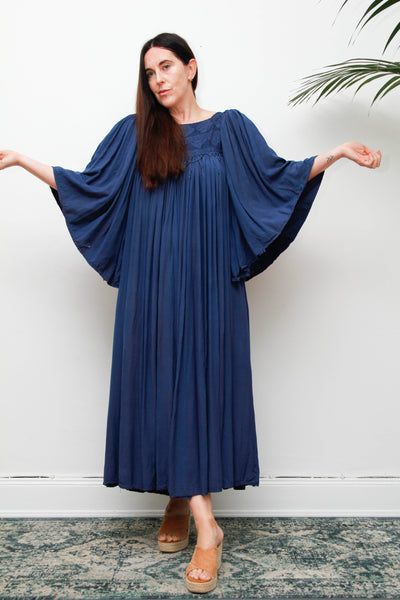 Rare Vintage Indian Kaftan Dress, Deep Blue Embroidered Bohemian Maxi