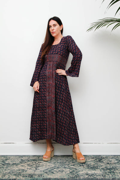 Rare Vintage Indian Cotton Kaftan Dress, Seashell Print Bohemian Maxi
