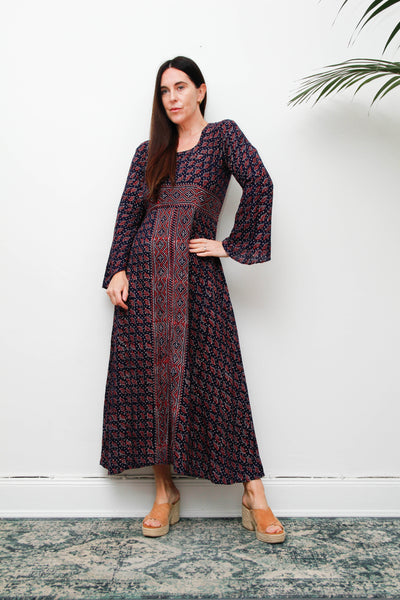 Rare Vintage Indian Cotton Kaftan Dress, Seashell Print Bohemian Maxi