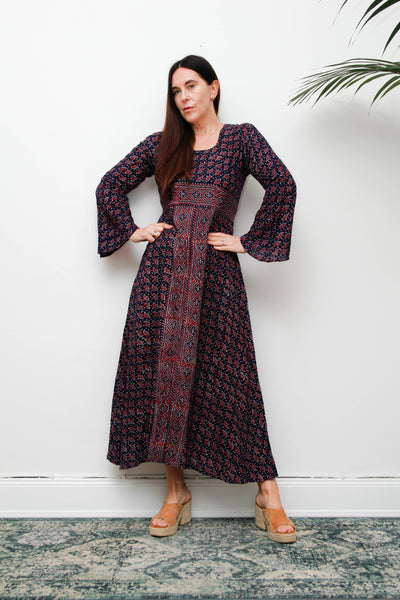 Rare Vintage Indian Cotton Kaftan Dress, Seashell Print Bohemian Maxi