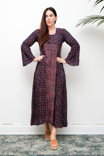 Rare Vintage Indian Cotton Kaftan Dress, Seashell Print Bohemian Maxi