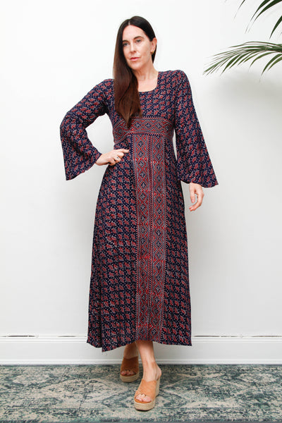 Rare Vintage Indian Cotton Kaftan Dress, Seashell Print Bohemian Maxi