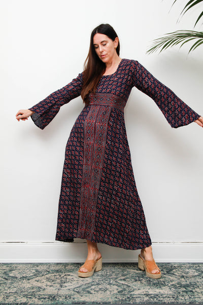 Rare Vintage Indian Cotton Kaftan Dress, Seashell Print Bohemian Maxi