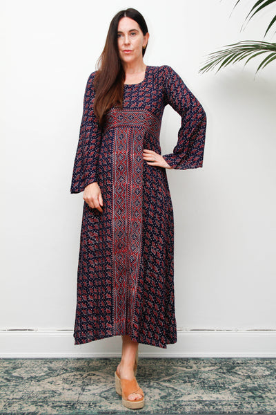 Rare Vintage Indian Cotton Kaftan Dress, Seashell Print Bohemian Maxi