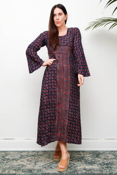 Rare Vintage Indian Cotton Kaftan Dress, Seashell Print Bohemian Maxi
