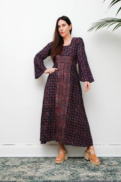 Rare Vintage Indian Cotton Kaftan Dress, Seashell Print Bohemian Maxi
