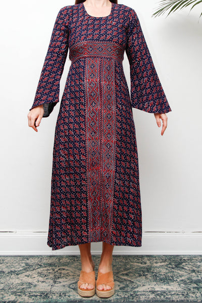 Rare Vintage Indian Cotton Kaftan Dress, Seashell Print Bohemian Maxi