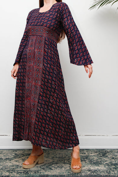 Rare Vintage Indian Cotton Kaftan Dress, Seashell Print Bohemian Maxi