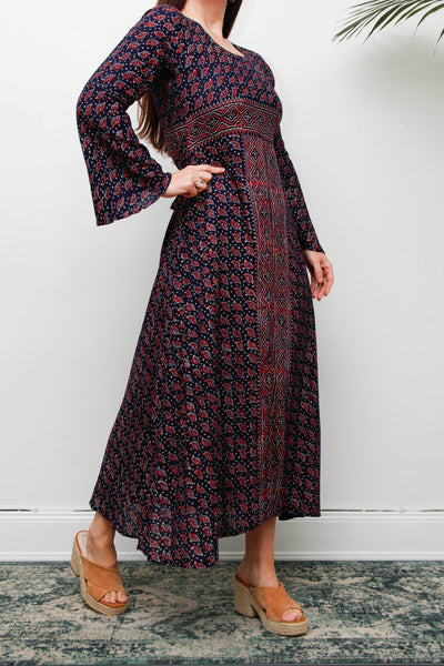 Rare Vintage Indian Cotton Kaftan Dress, Seashell Print Bohemian Maxi