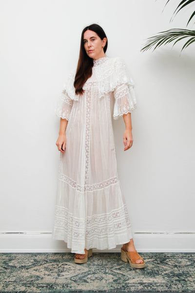 Rare Antique Cotton Lawn Dress, Lace Collar Peter Pan Kaftan Maxi