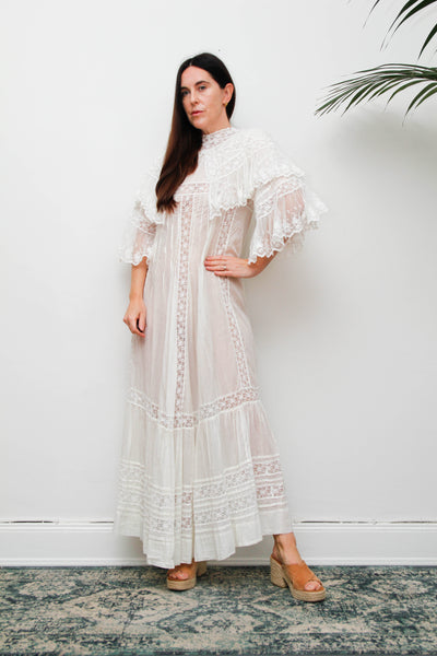 Rare Antique Cotton Lawn Dress, Lace Collar Peter Pan Kaftan Maxi