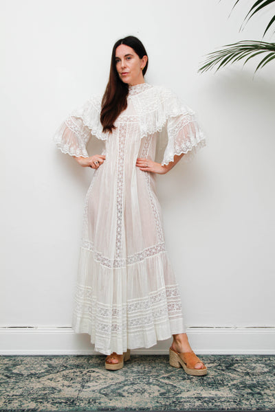 Rare Antique Cotton Lawn Dress, Lace Collar Peter Pan Kaftan Maxi