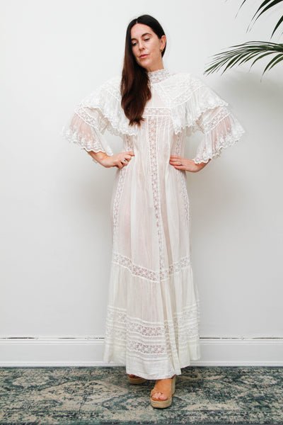 Rare Antique Cotton Lawn Dress, Lace Collar Peter Pan Kaftan Maxi