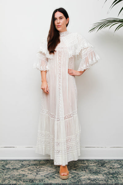 Rare Antique Cotton Lawn Dress, Lace Collar Peter Pan Kaftan Maxi