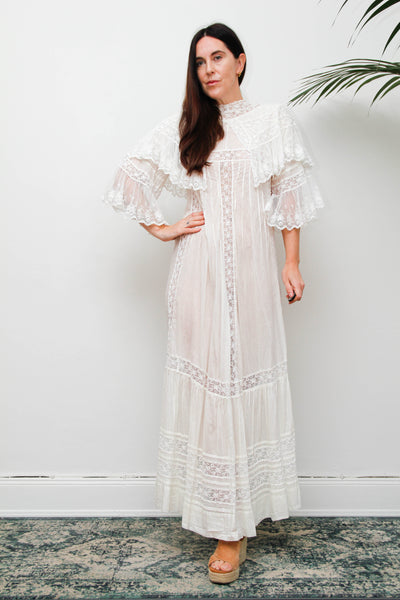 Rare Antique Cotton Lawn Dress, Lace Collar Peter Pan Kaftan Maxi