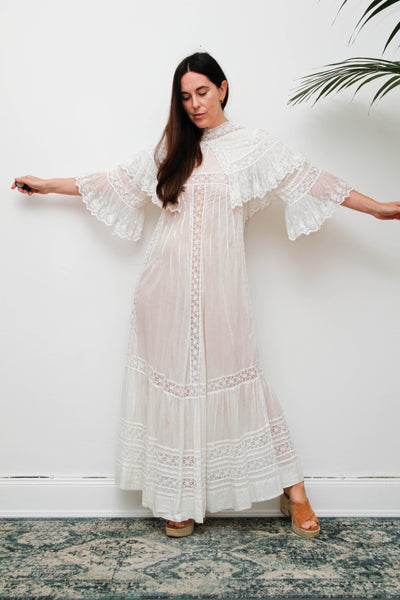 Rare Antique Cotton Lawn Dress, Lace Collar Peter Pan Kaftan Maxi