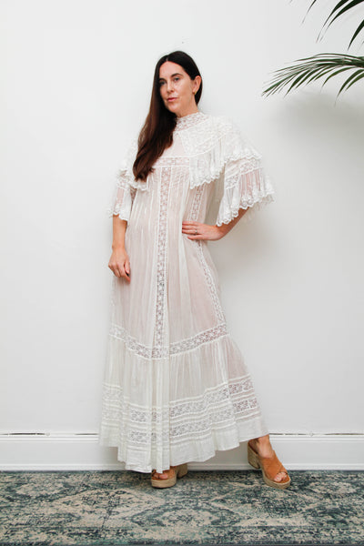 Rare Antique Cotton Lawn Dress, Lace Collar Peter Pan Kaftan Maxi