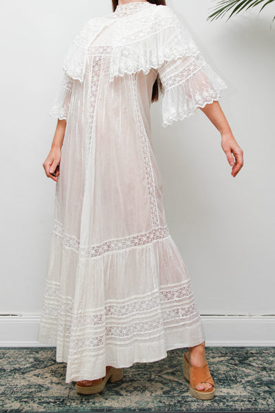 Rare Antique Cotton Lawn Dress, Lace Collar Peter Pan Kaftan Maxi