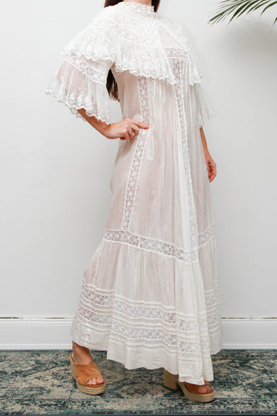 Rare Antique Cotton Lawn Dress, Lace Collar Peter Pan Kaftan Maxi