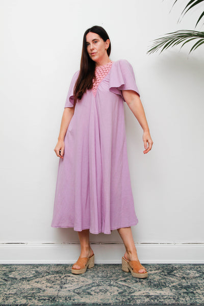 Vintage Cheesecloth Kaftan Dress, Purple Lilac Cotton Bohemian Smock Maxi