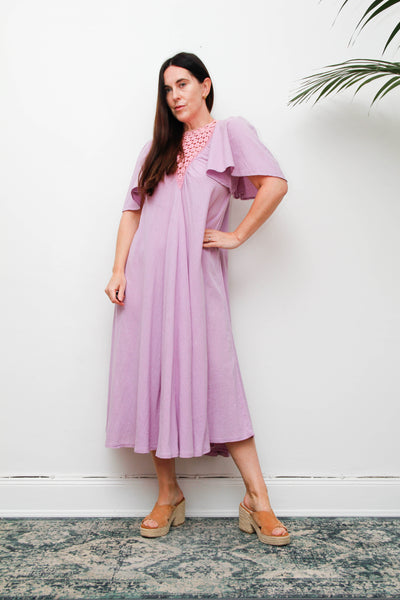 Vintage Cheesecloth Kaftan Dress, Purple Lilac Cotton Bohemian Smock Maxi