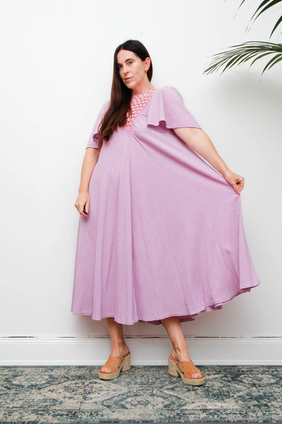 Vintage Cheesecloth Kaftan Dress, Purple Lilac Cotton Bohemian Smock Maxi