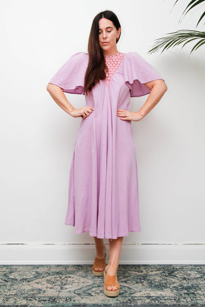 Vintage Cheesecloth Kaftan Dress, Purple Lilac Cotton Bohemian Smock Maxi
