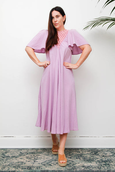 Vintage Cheesecloth Kaftan Dress, Purple Lilac Cotton Bohemian Smock Maxi