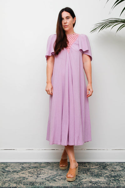 Vintage Cheesecloth Kaftan Dress, Purple Lilac Cotton Bohemian Smock Maxi