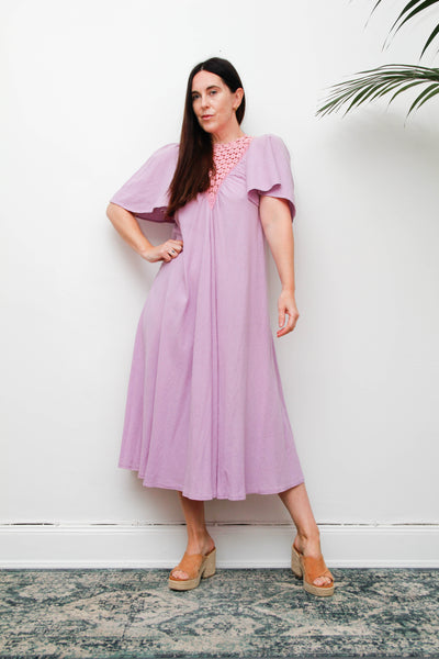 Vintage Cheesecloth Kaftan Dress, Purple Lilac Cotton Bohemian Smock Maxi