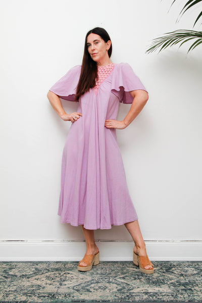 Vintage Cheesecloth Kaftan Dress, Purple Lilac Cotton Bohemian Smock Maxi