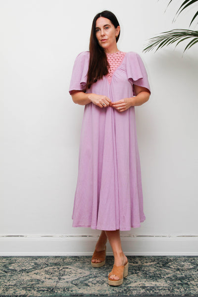 Vintage Cheesecloth Kaftan Dress, Purple Lilac Cotton Bohemian Smock Maxi