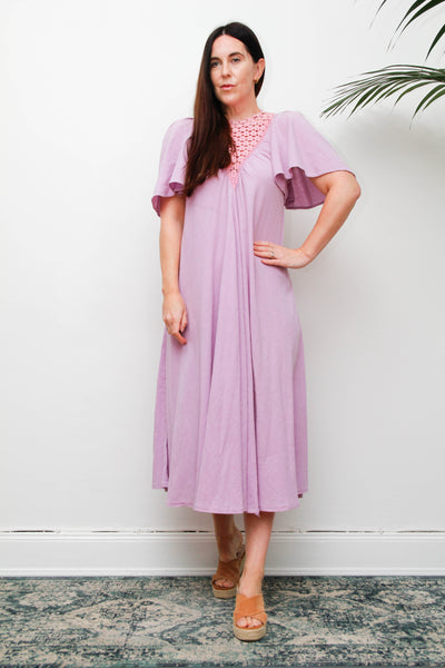 Vintage Cheesecloth Kaftan Dress, Purple Lilac Cotton Bohemian Smock Maxi