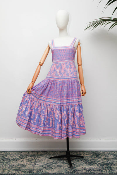 Rare Rita Kumar Indian Cotton Dress, Lilac Pink Block Print Bohemian Maxi