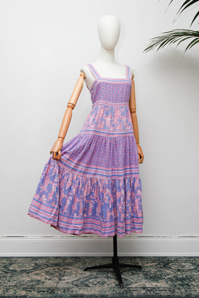 Rare Rita Kumar Indian Cotton Dress, Lilac Pink Block Print Bohemian Maxi