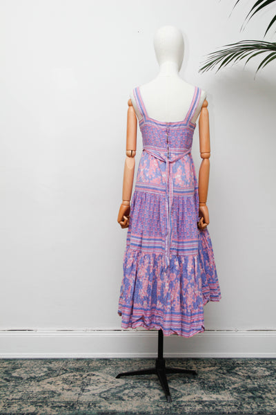 Rare Rita Kumar Indian Cotton Dress, Lilac Pink Block Print Bohemian Maxi