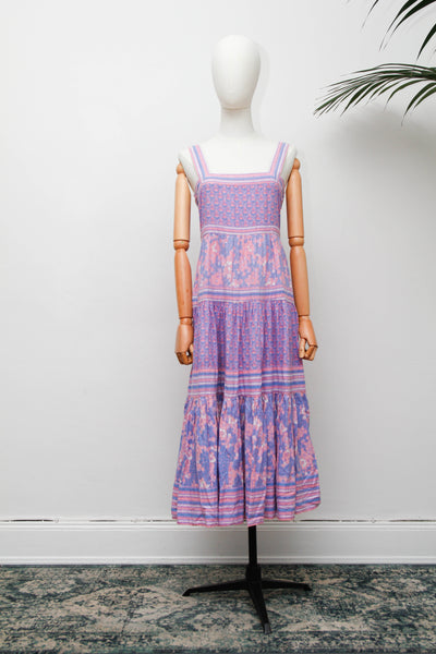 Rare Rita Kumar Indian Cotton Dress, Lilac Pink Block Print Bohemian Maxi