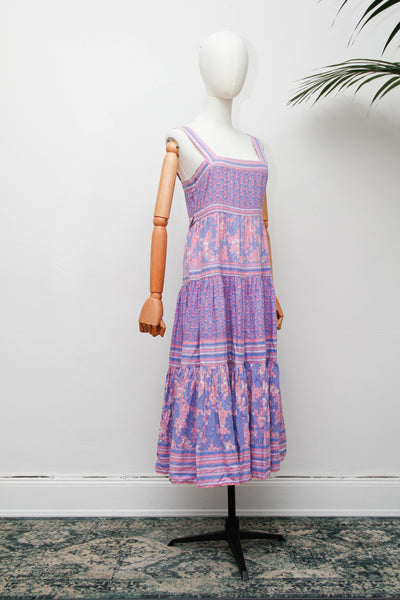 Rare Rita Kumar Indian Cotton Dress, Lilac Pink Block Print Bohemian Maxi