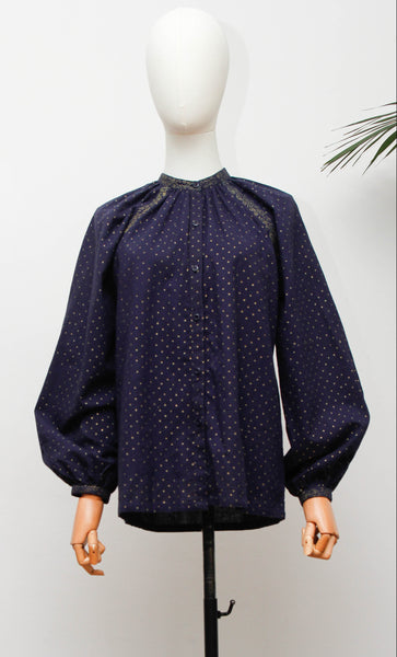 Rare 1970s Indu Indian Cotton Blouse, Indigo Block Print Bohemian Tunic