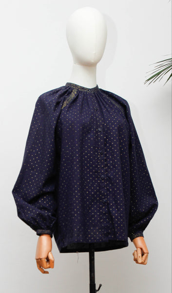 Rare 1970s Indu Indian Cotton Blouse, Indigo Block Print Bohemian Tunic