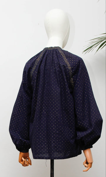 Rare 1970s Indu Indian Cotton Blouse, Indigo Block Print Bohemian Tunic