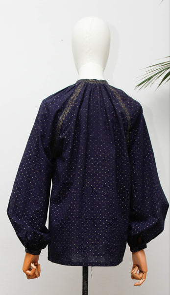 Rare 1970s Indu Indian Cotton Blouse, Indigo Block Print Bohemian Tunic