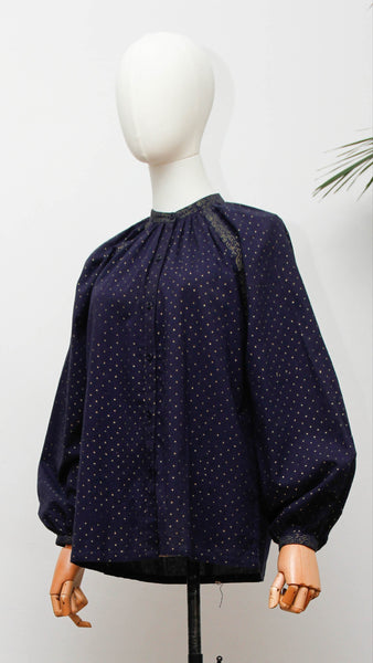 Rare 1970s Indu Indian Cotton Blouse, Indigo Block Print Bohemian Tunic