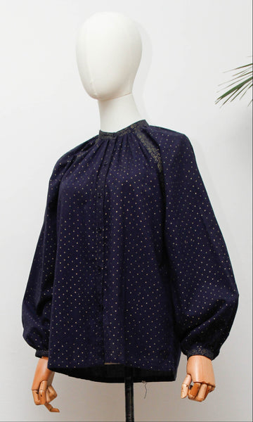 Rare 1970s Indu Indian Cotton Blouse, Indigo Block Print Bohemian Tunic