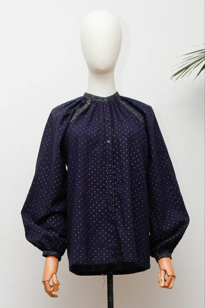 Rare 1970s Indu Indian Cotton Blouse, Indigo Block Print Bohemian Tunic